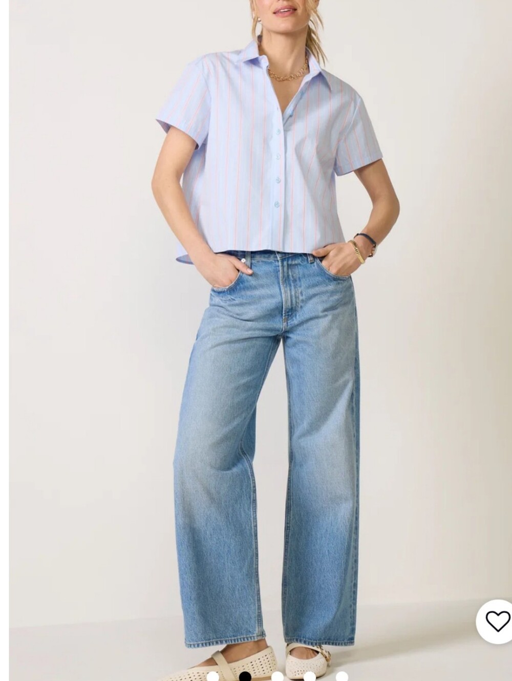 The Shirt Rochelle Behrens Boxy Crop Short Sleeve Striped Button Down M NWOT - Picture 3 of 7
